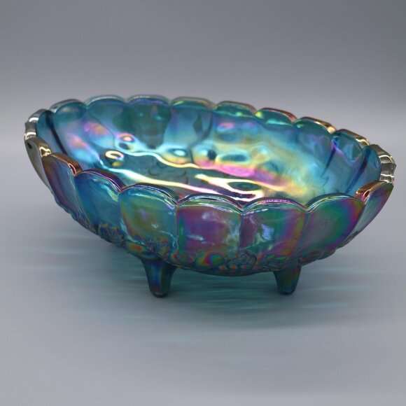 Indiana Harvest Grape Fruit Bowl Footed Blue Carnival Glass Embossed Fruit - Picture 2 of 7